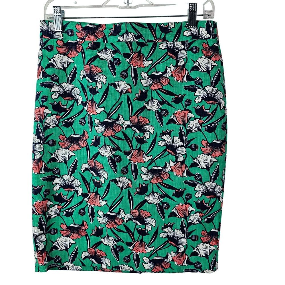 J by J Crew Green Floral Navy Blue Pencil Skirt Size 2 Lined‎ Cotton